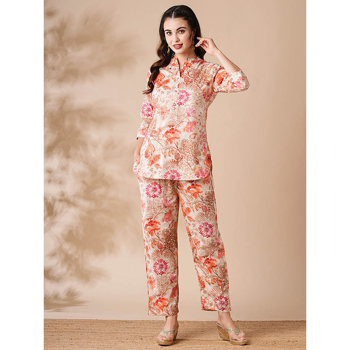 FASHOR Womens Off White Floral Printed Buttoned Co-ord (Set of 2)