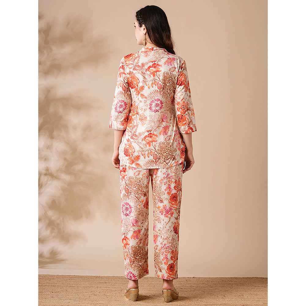 FASHOR Womens Off White Floral Printed Buttoned Co-ord (Set of 2)