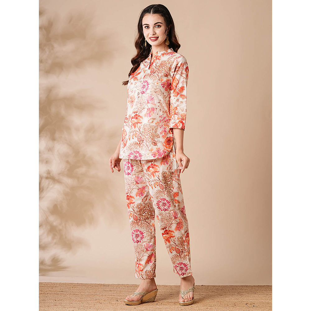 FASHOR Womens Off White Floral Printed Buttoned Co-ord (Set of 2)