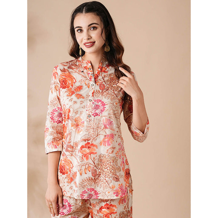 FASHOR Womens Off White Floral Printed Buttoned Co-ord (Set of 2)