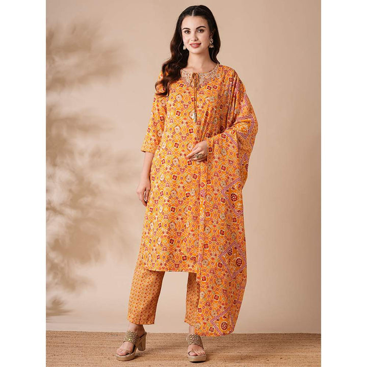 FASHOR Printed Zari and Mirror Embroidered Kurta with Pants and Dupatta - Yellow (Set of 3)