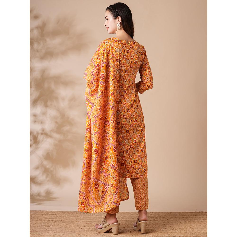 FASHOR Printed Zari and Mirror Embroidered Kurta with Pants and Dupatta - Yellow (Set of 3)