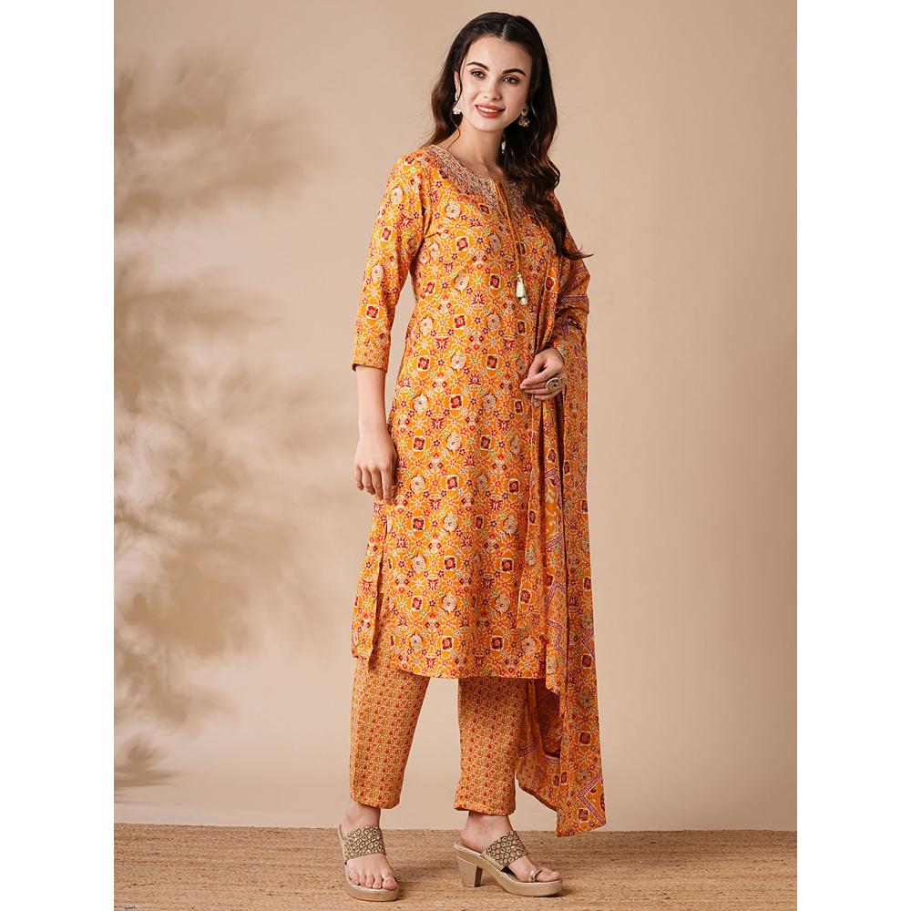 FASHOR Printed Zari and Mirror Embroidered Kurta with Pants and Dupatta - Yellow (Set of 3)