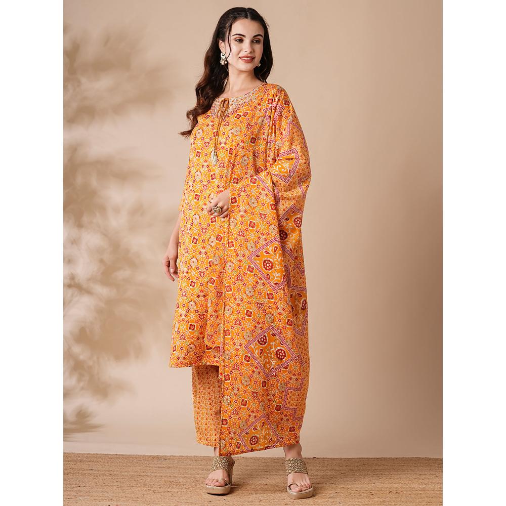 FASHOR Printed Zari and Mirror Embroidered Kurta with Pants and Dupatta - Yellow (Set of 3)