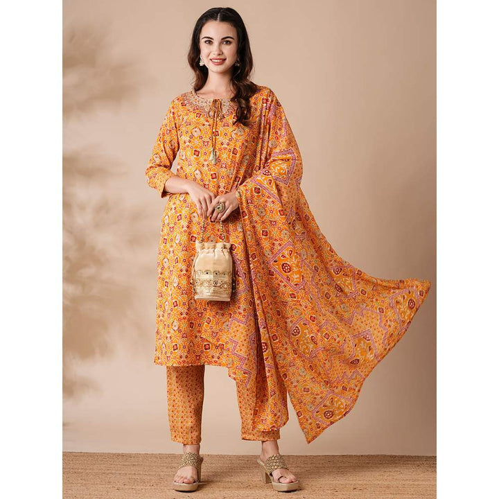 FASHOR Printed Zari and Mirror Embroidered Kurta with Pants and Dupatta - Yellow (Set of 3)