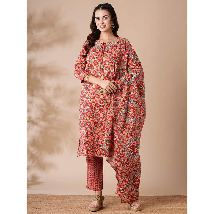 FASHOR Printed Zari and Mirror Embroidered Kurta with Pants and Dupatta - Yellow (Set of 3)