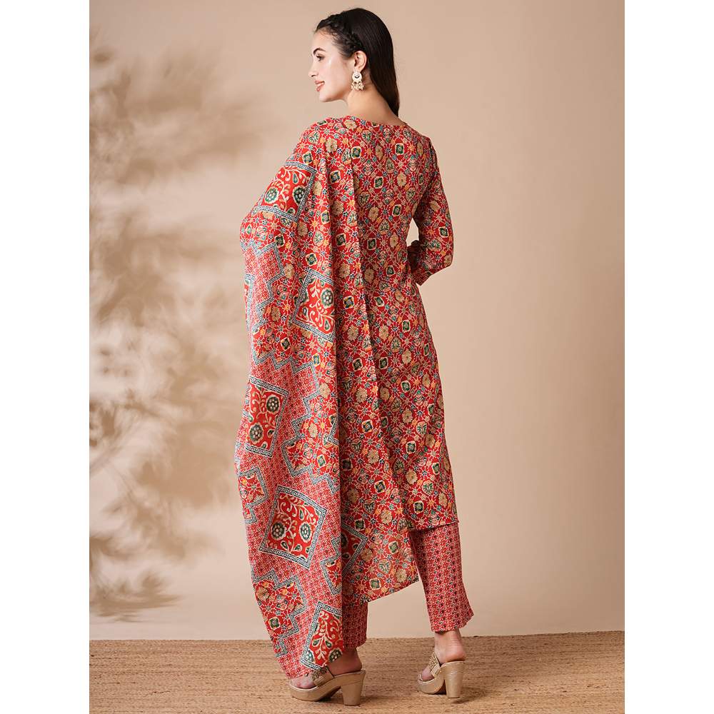 FASHOR Printed Zari and Mirror Embroidered Kurta with Pants and Dupatta - Yellow (Set of 3)