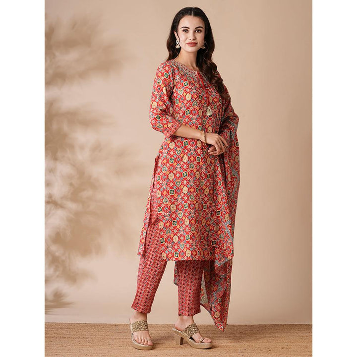 FASHOR Printed Zari and Mirror Embroidered Kurta with Pants and Dupatta - Yellow (Set of 3)