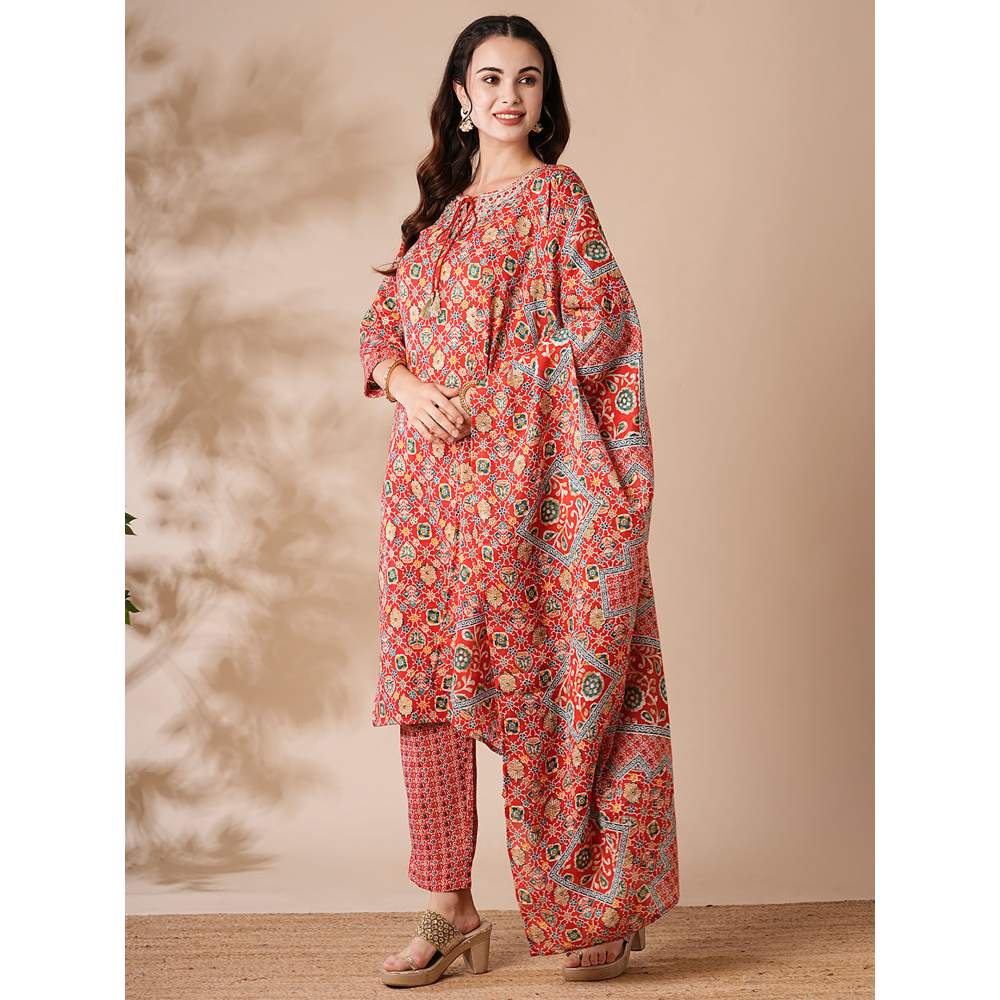 FASHOR Printed Zari and Mirror Embroidered Kurta with Pants and Dupatta - Yellow (Set of 3)