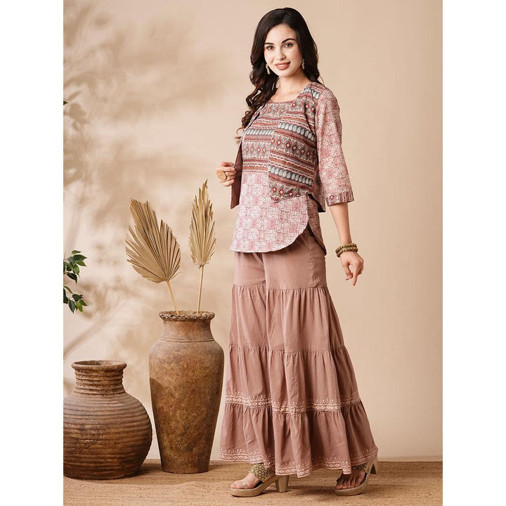 FASHOR Ethnic Printed Kurti with Waistcoat and Sharara - Beige (Set of 3)