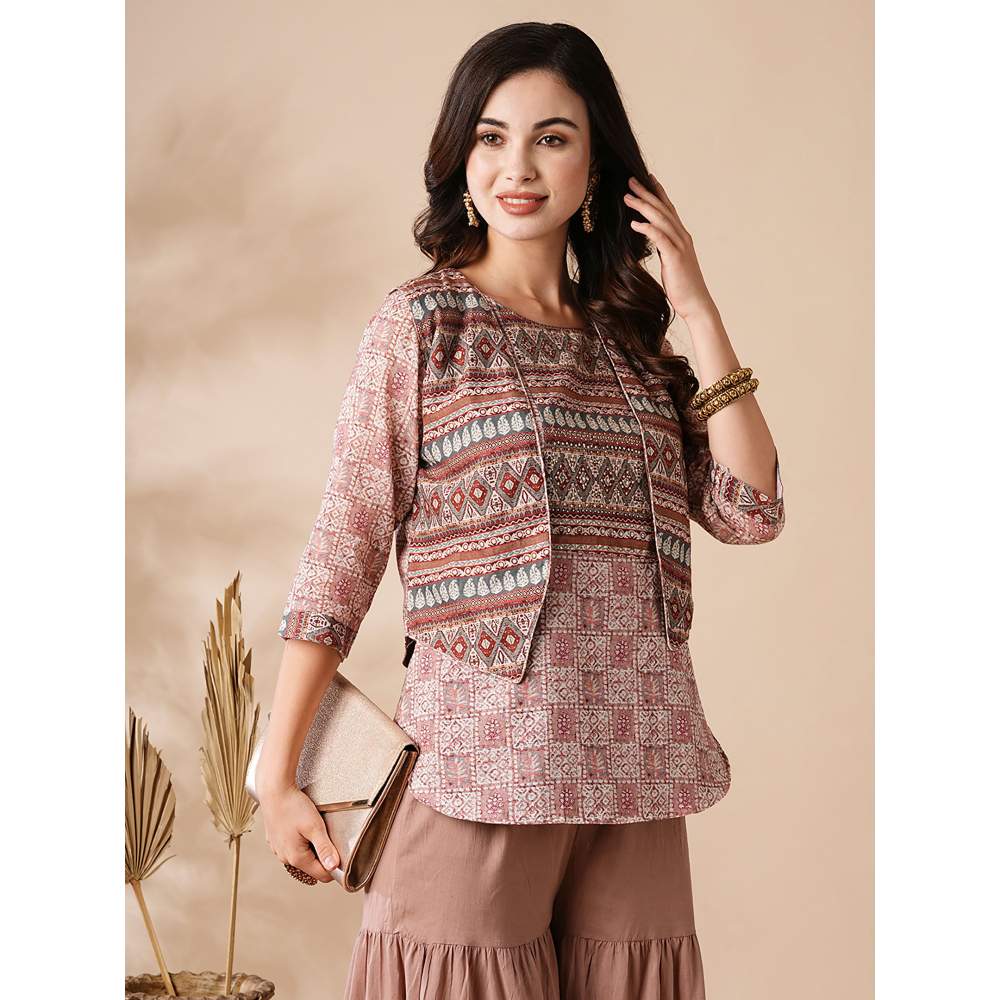 FASHOR Ethnic Printed Kurti with Waistcoat and Sharara - Beige (Set of 3)