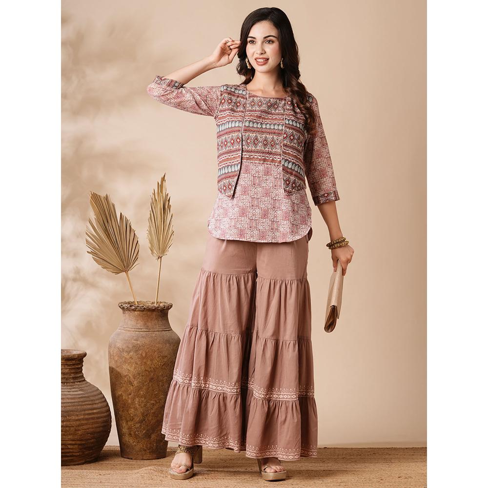 FASHOR Ethnic Printed Kurti with Waistcoat and Sharara - Beige (Set of 3)