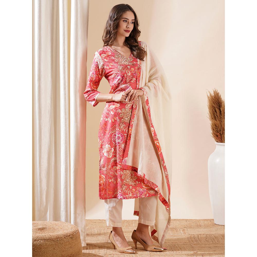 FASHOR Floral Printed Embroidered Kurta with Pants and Dupatta (Set of 3)