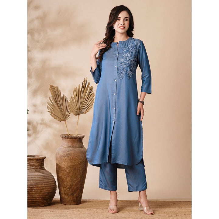 FASHOR Solid Applique Embroidered Denim Kurta and Pants (Set of 2)