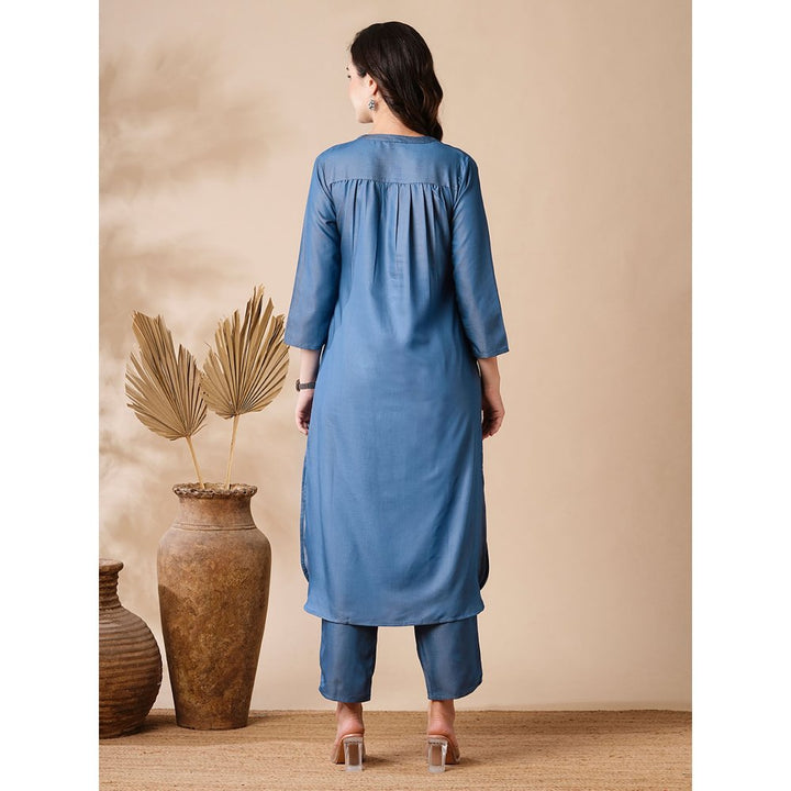 FASHOR Solid Applique Embroidered Denim Kurta and Pants (Set of 2)