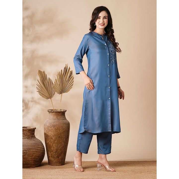 FASHOR Solid Applique Embroidered Denim Kurta and Pants (Set of 2)