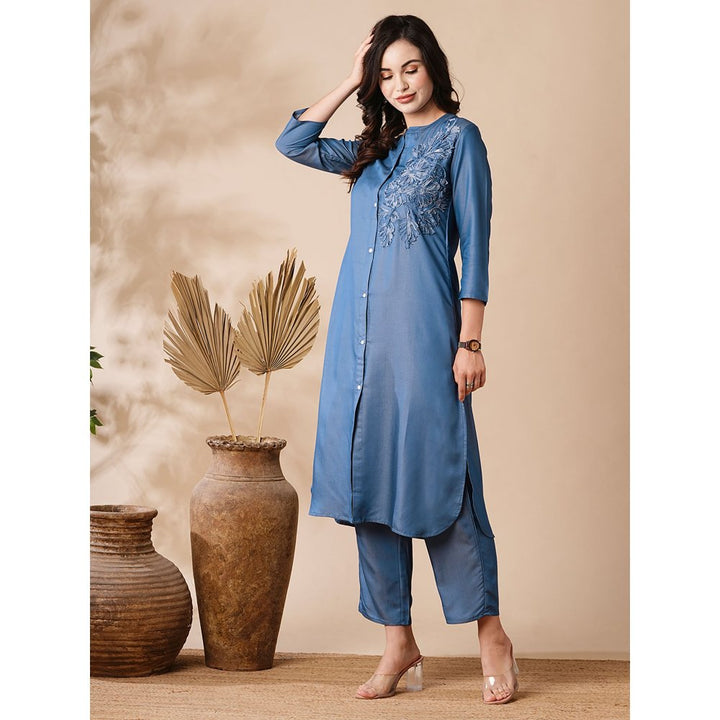 FASHOR Solid Applique Embroidered Denim Kurta and Pants (Set of 2)