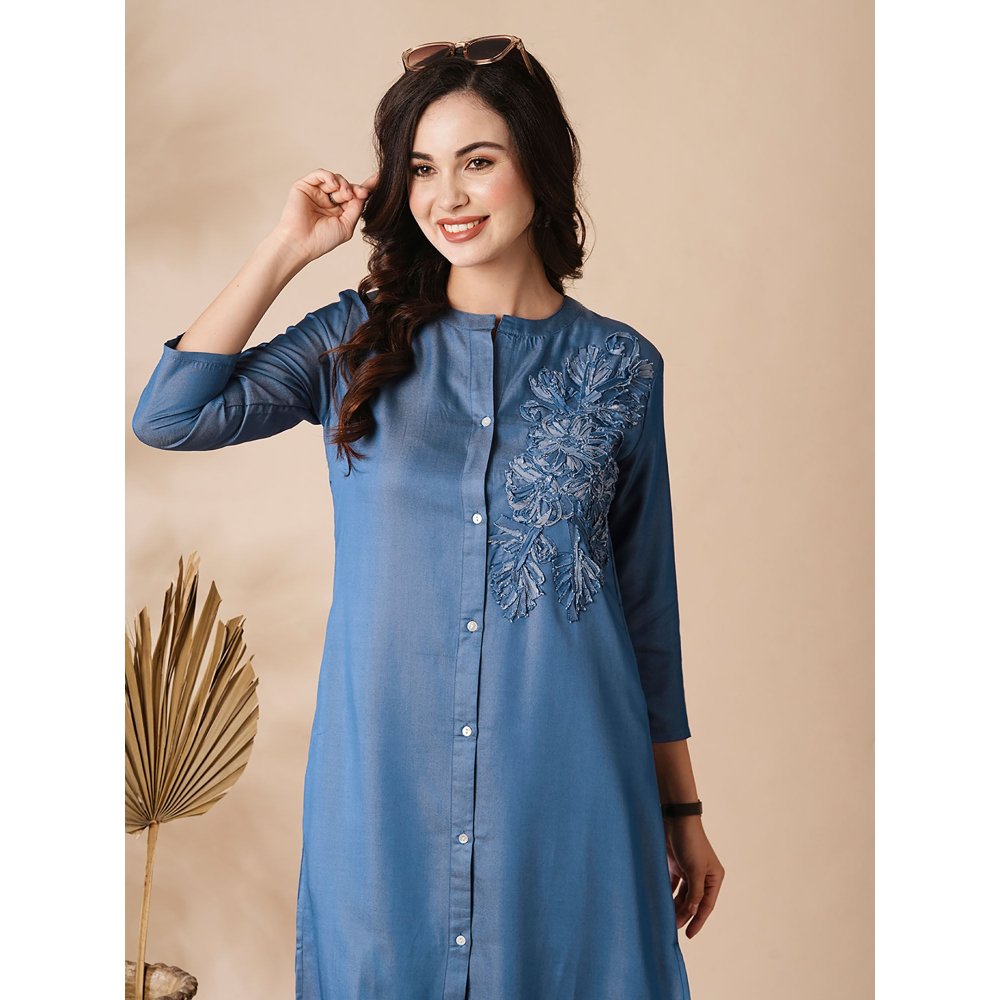 FASHOR Solid Applique Embroidered Denim Kurta and Pants (Set of 2)