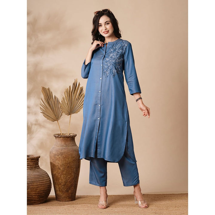 FASHOR Solid Applique Embroidered Denim Kurta and Pants (Set of 2)