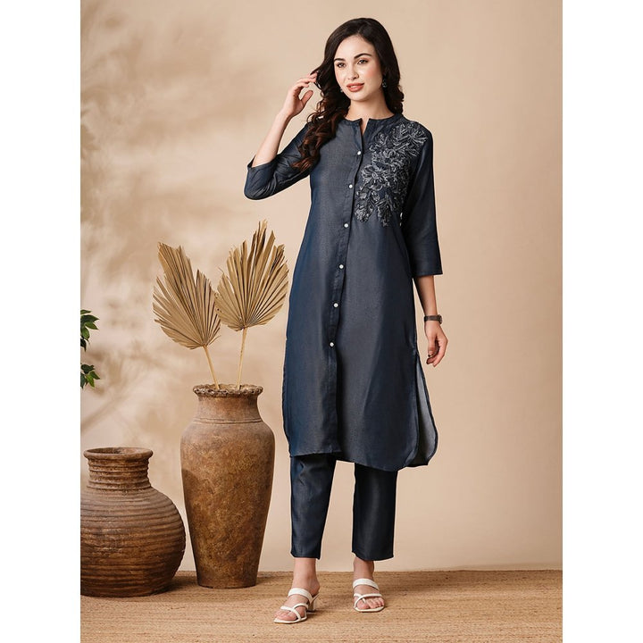 FASHOR Solid Applique Embroidered Denim Kurta and Pants (Set of 2)