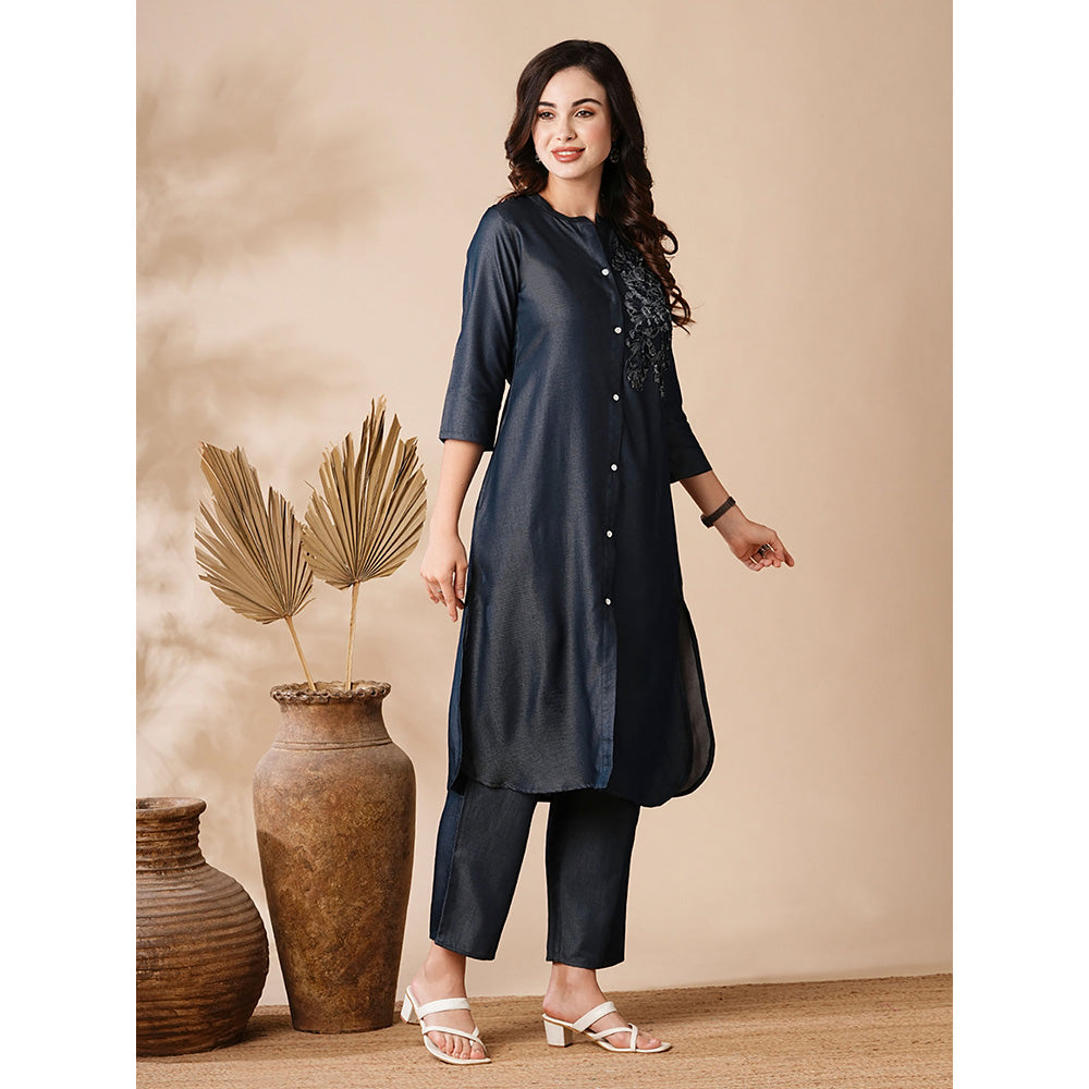 FASHOR Solid Applique Embroidered Denim Kurta and Pants (Set of 2)