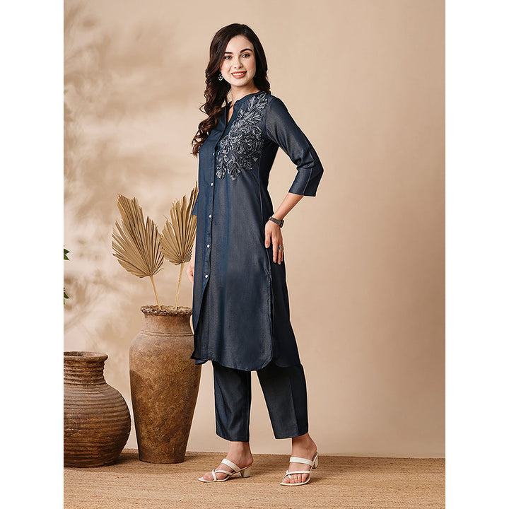 FASHOR Solid Applique Embroidered Denim Kurta and Pants (Set of 2)