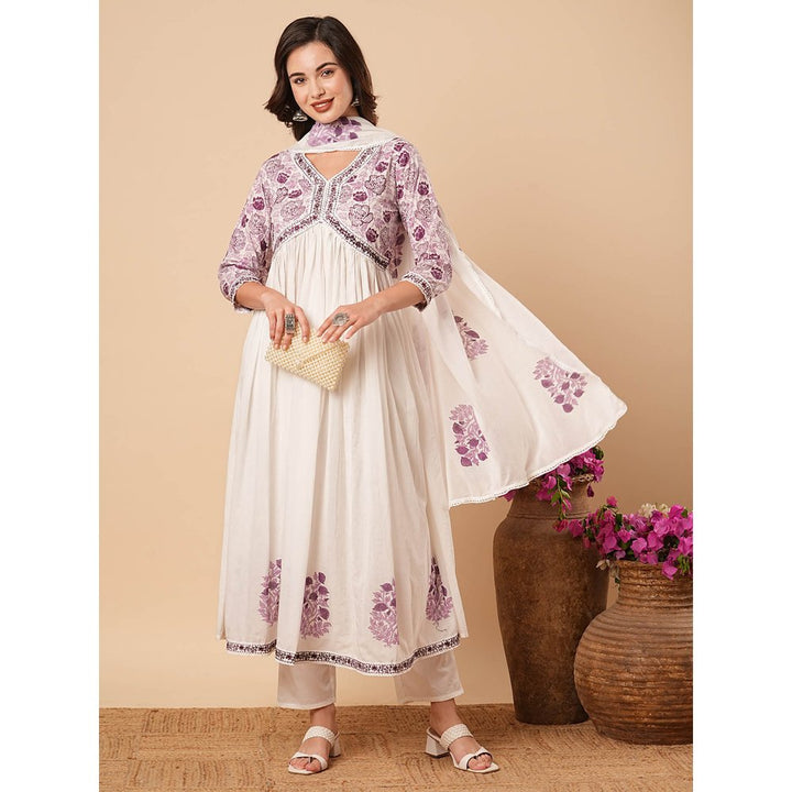 FASHOR White Printed Embroidered Flared Kurta with Pant and Dupatta (Set of 3)