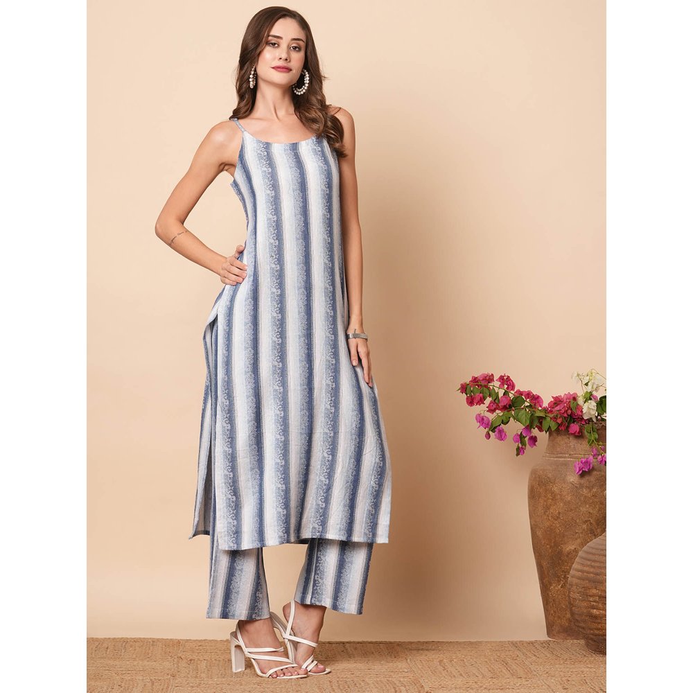 FASHOR Blue Ethnic Woven Striped Co-Ord (Set of 2)