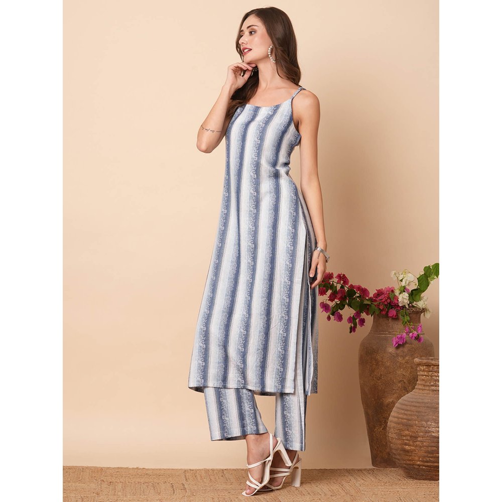 FASHOR Blue Ethnic Woven Striped Co-Ord (Set of 2)