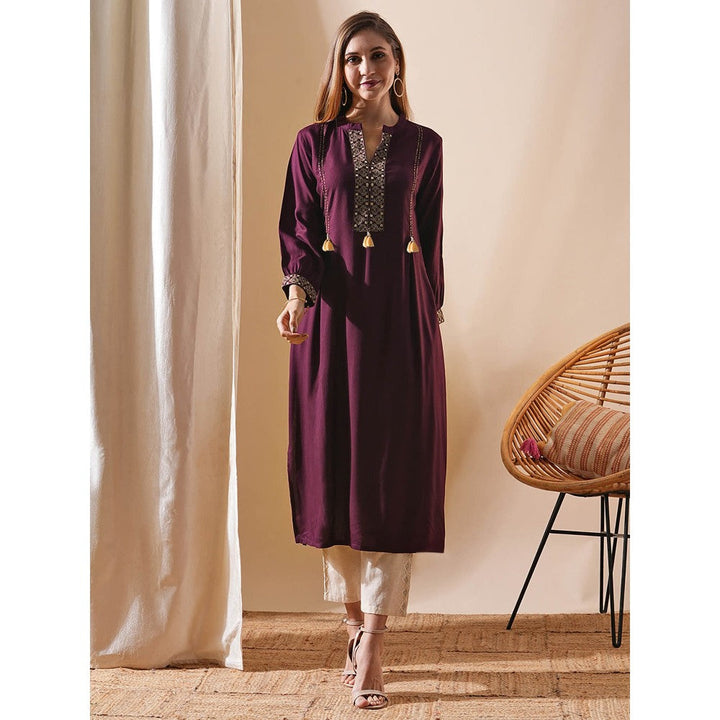 FASHOR Purple Ethnic Mirror Work Embroidered Kurta