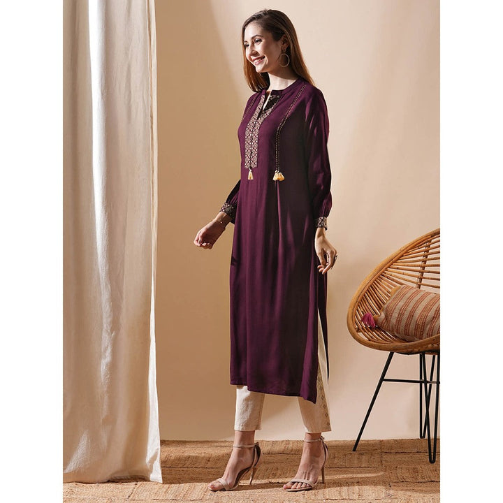 FASHOR Purple Ethnic Mirror Work Embroidered Kurta