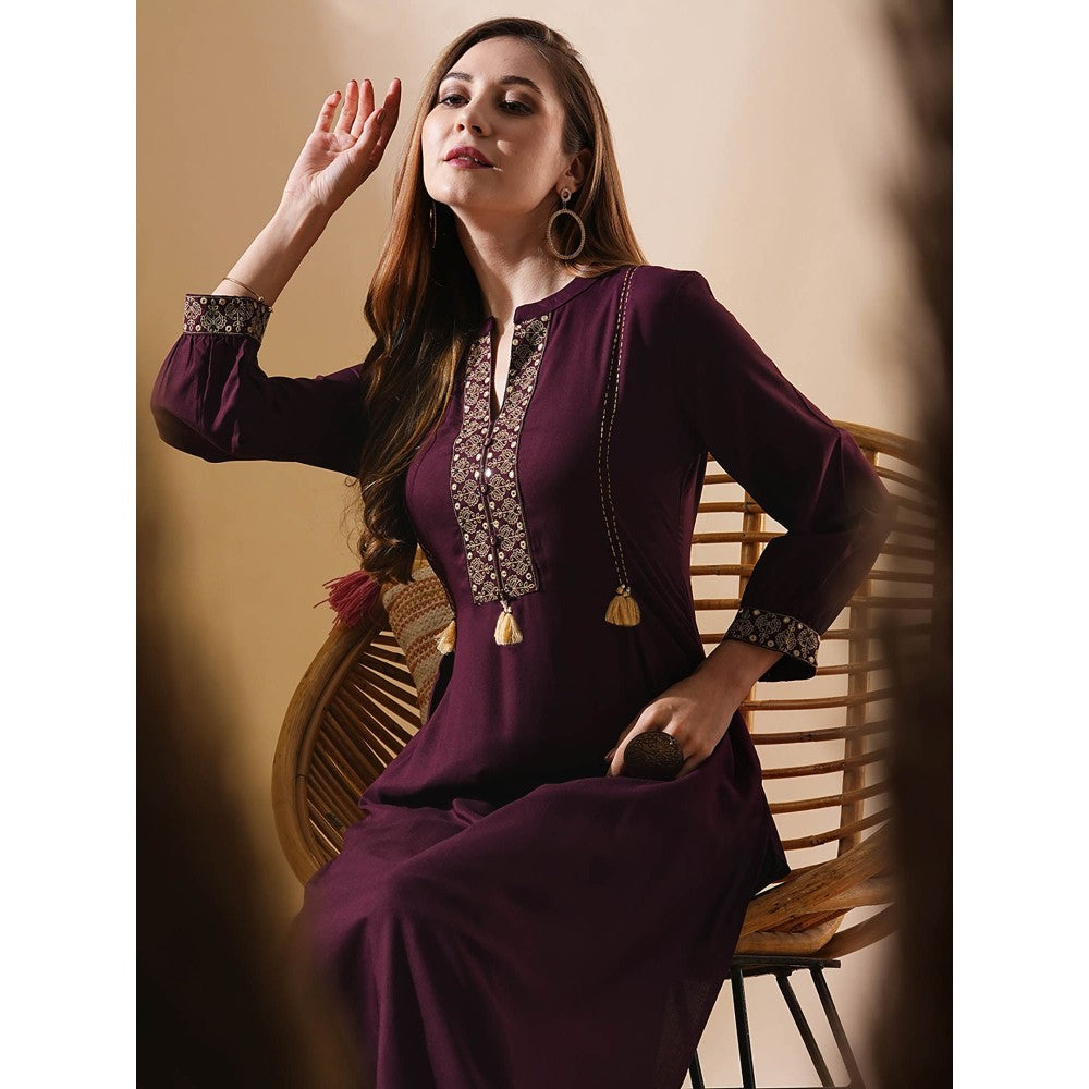 FASHOR Purple Ethnic Mirror Work Embroidered Kurta