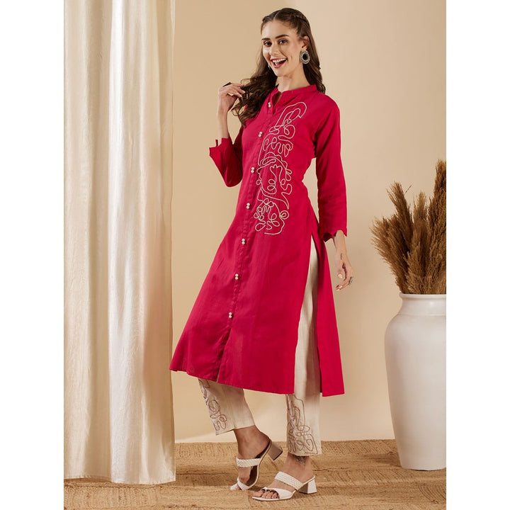 FASHOR Women Pink Cotton Solid and Embroidered Kurta with Pant (Set of 2)