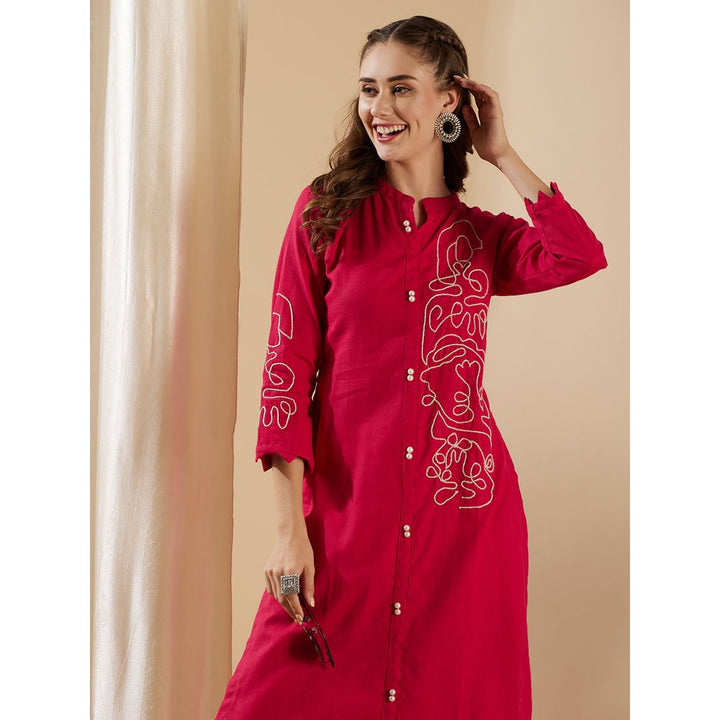 FASHOR Women Pink Cotton Solid and Embroidered Kurta with Pant (Set of 2)