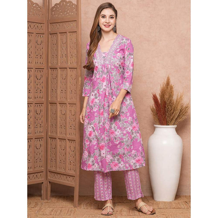 FASHOR Printed Embroidered Pleated Kurta With Pant- Purple (Set of 2)