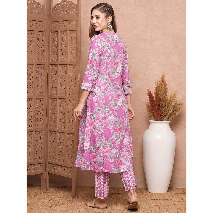 FASHOR Printed Embroidered Pleated Kurta With Pant- Purple (Set of 2)