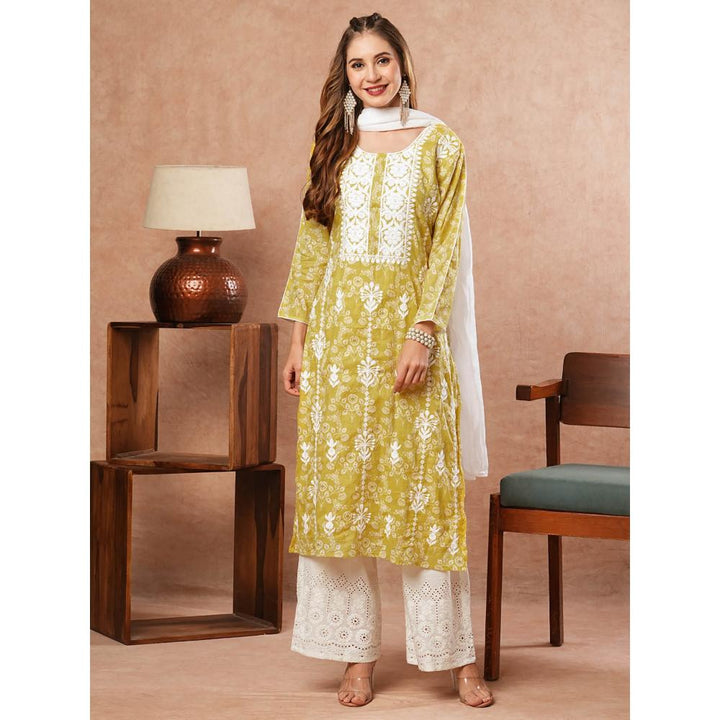 FASHOR Floral Printed Kurta With Palazzo & Dupatta- Yellow (Set of 3)