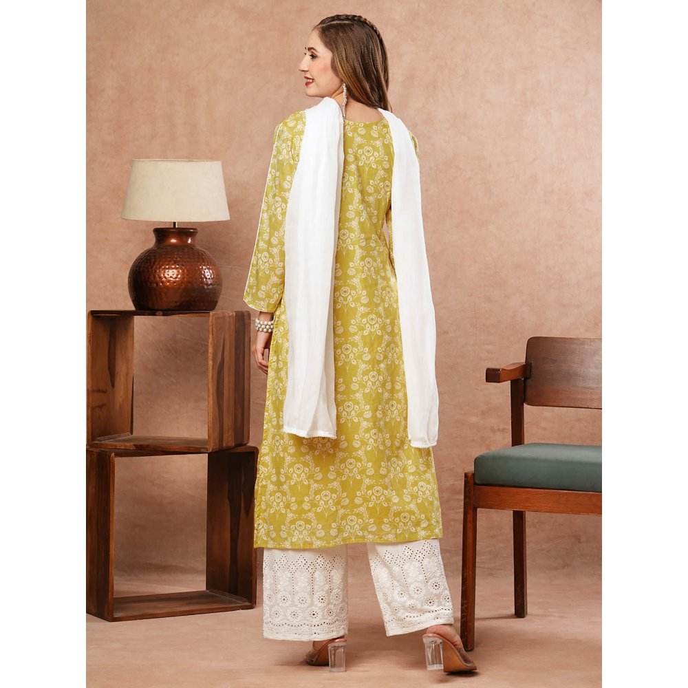 FASHOR Floral Printed Kurta With Palazzo & Dupatta- Yellow (Set of 3)