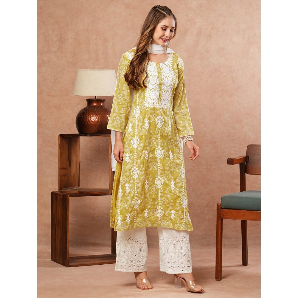 FASHOR Floral Printed Kurta With Palazzo & Dupatta- Yellow (Set of 3)