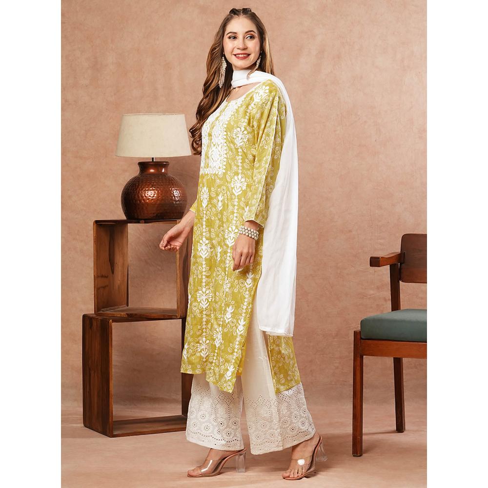 FASHOR Floral Printed Kurta With Palazzo & Dupatta- Yellow (Set of 3)