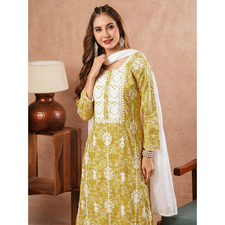 FASHOR Floral Printed Kurta With Palazzo & Dupatta- Yellow (Set of 3)