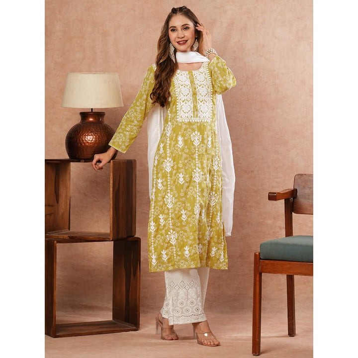 FASHOR Floral Printed Kurta With Palazzo & Dupatta- Yellow (Set of 3)