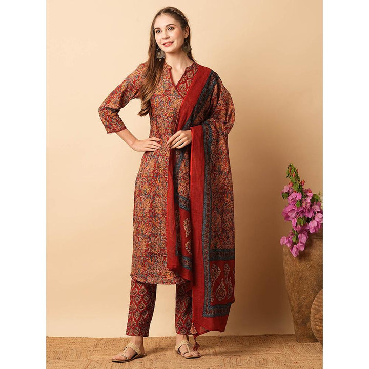 FASHOR Ethnic Printed Angrakha Style Straight Kurta With Pant & Dupatta- Maroon (Set of 3)