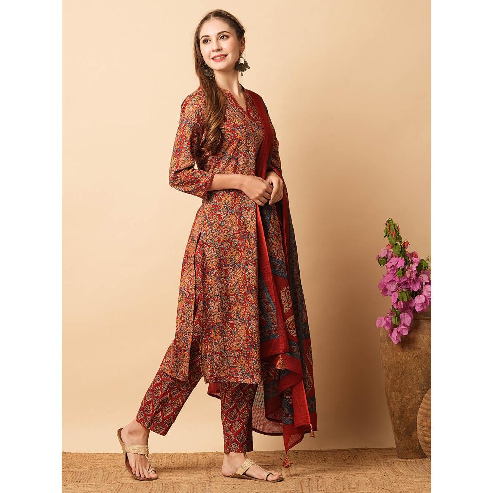 FASHOR Ethnic Printed Angrakha Style Straight Kurta With Pant & Dupatta- Maroon (Set of 3)