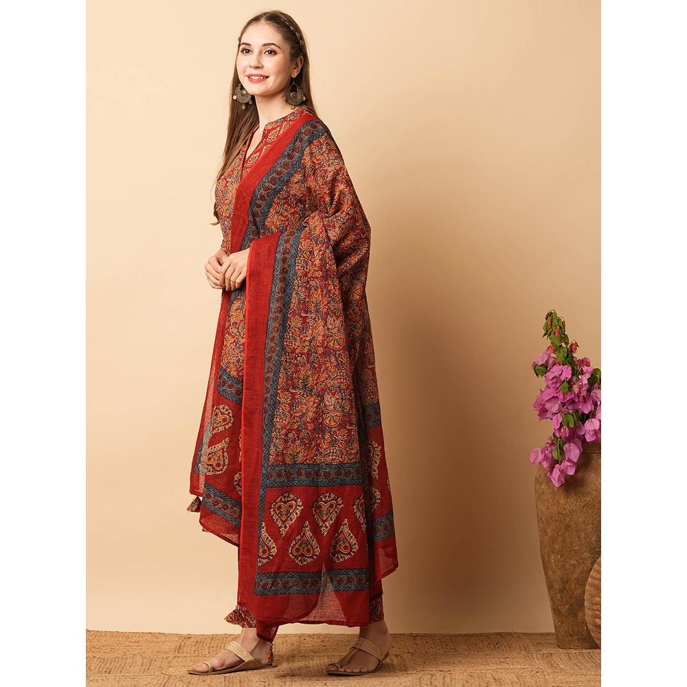 FASHOR Ethnic Printed Angrakha Style Straight Kurta With Pant & Dupatta- Maroon (Set of 3)