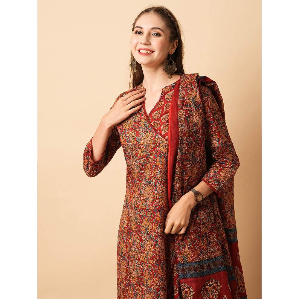 FASHOR Ethnic Printed Angrakha Style Straight Kurta With Pant & Dupatta- Maroon (Set of 3)