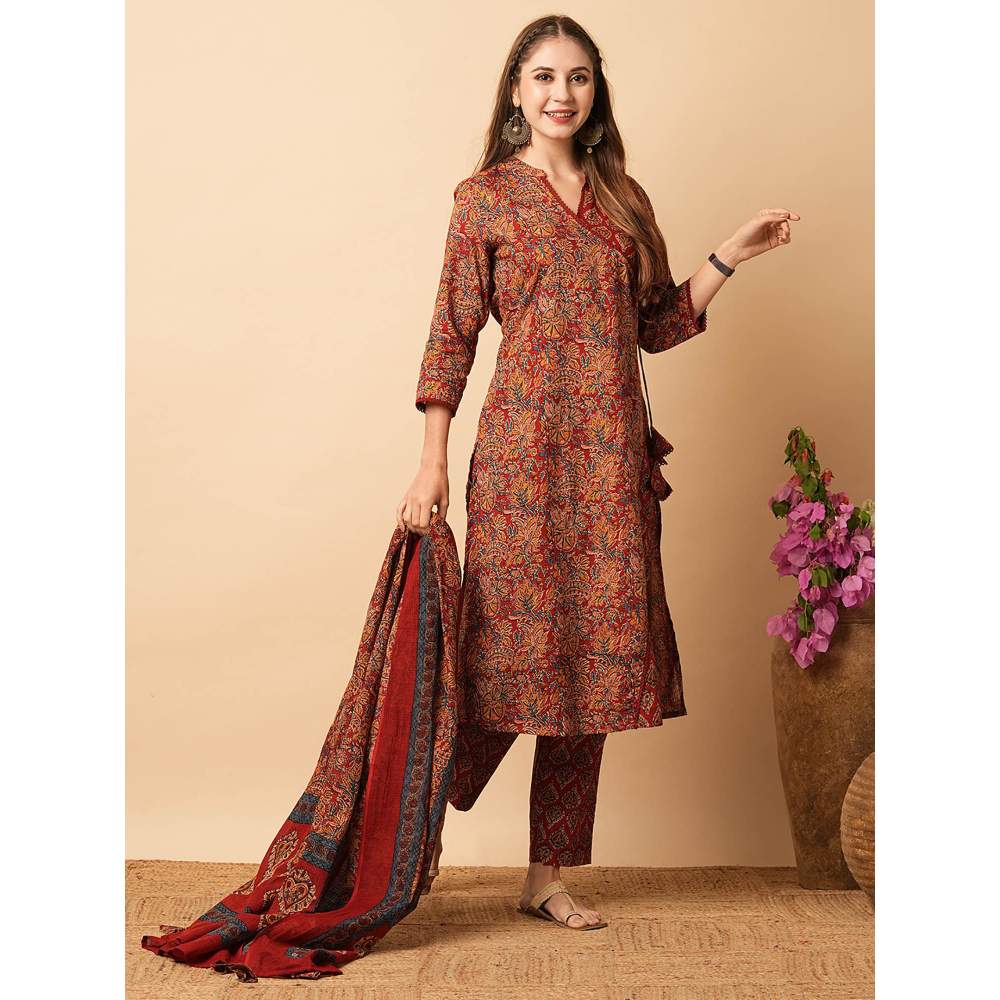 FASHOR Ethnic Printed Angrakha Style Straight Kurta With Pant & Dupatta- Maroon (Set of 3)