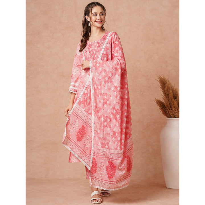 FASHOR Ethnic Printed & Embroidered Kurta With Pant & Pure Cotton Dupatta -Pink (Set of 3)