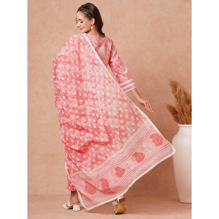 FASHOR Ethnic Printed & Embroidered Kurta With Pant & Pure Cotton Dupatta -Pink (Set of 3)