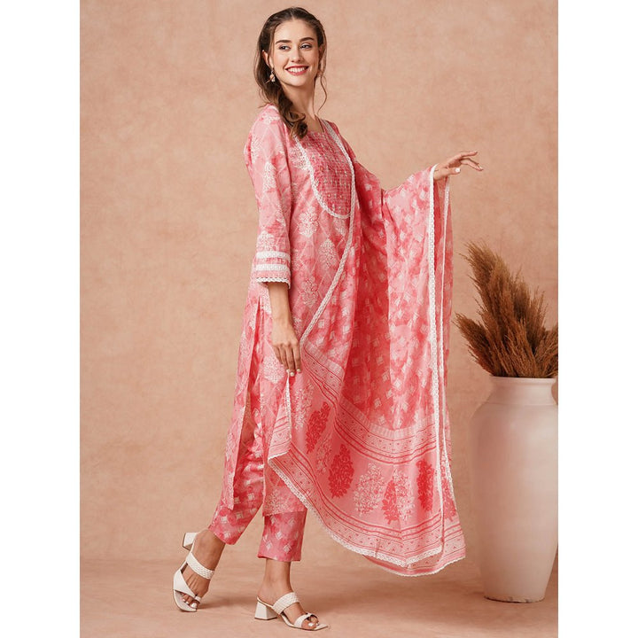 FASHOR Ethnic Printed & Embroidered Kurta With Pant & Pure Cotton Dupatta -Pink (Set of 3)